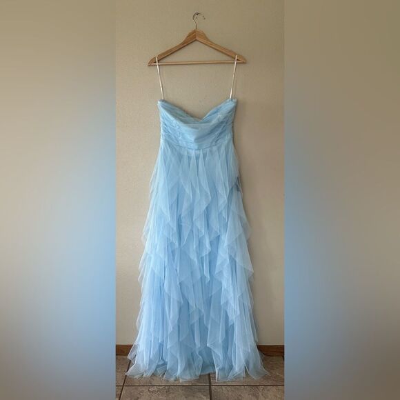 NWT Lulus Delightful Beauty Blue Mesh Strapless Ruched Ruffled Maxi Dress Size L - Picture 4 of 12
